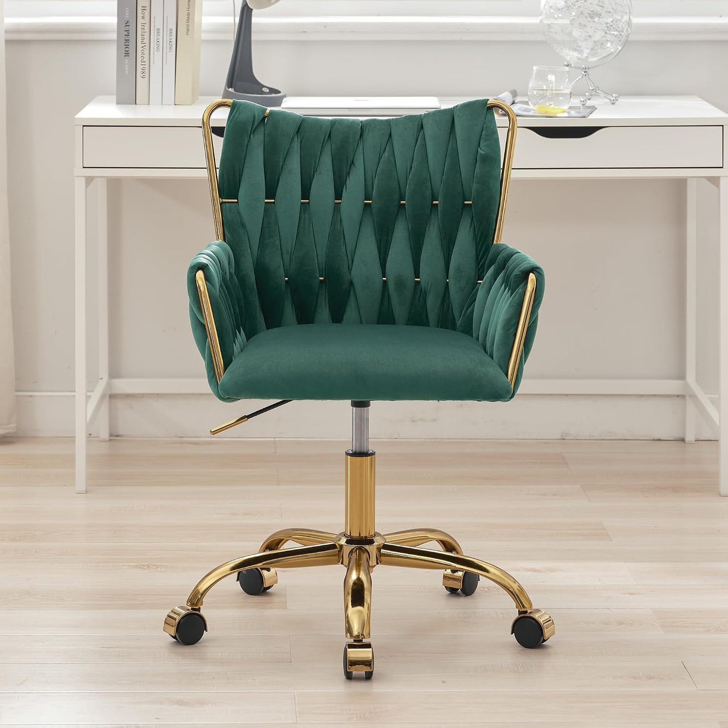 Rose Pink Velvet Vanity Chair Gold Swivel Rolling Office Chair with Wheels
