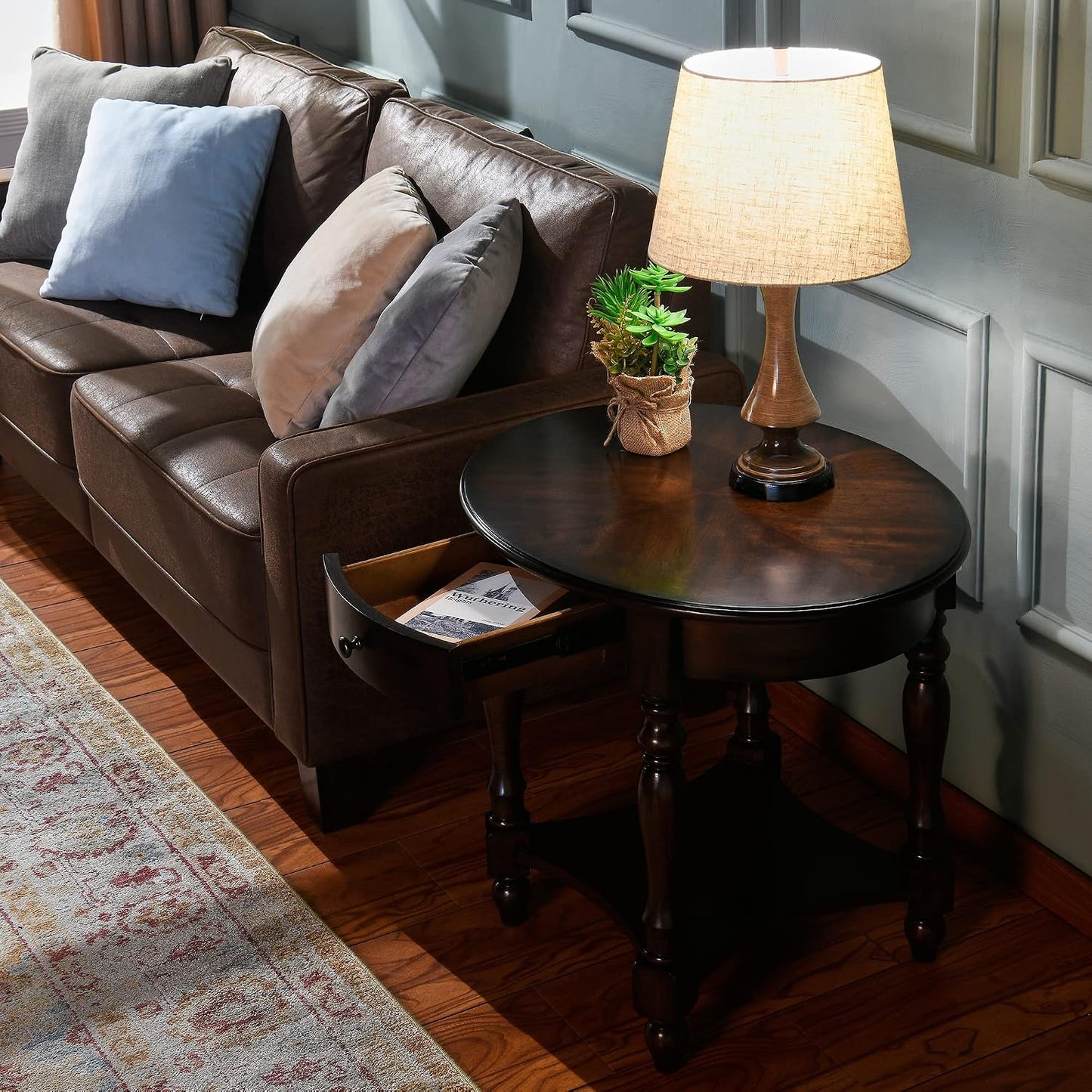 Solid Wood Oval End Table Cherry Walnut with Drawer and Storage Shelf