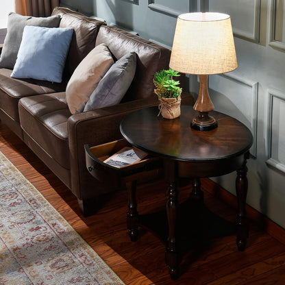 Solid Wood Oval End Table Cherry Walnut with Drawer and Storage Shelf