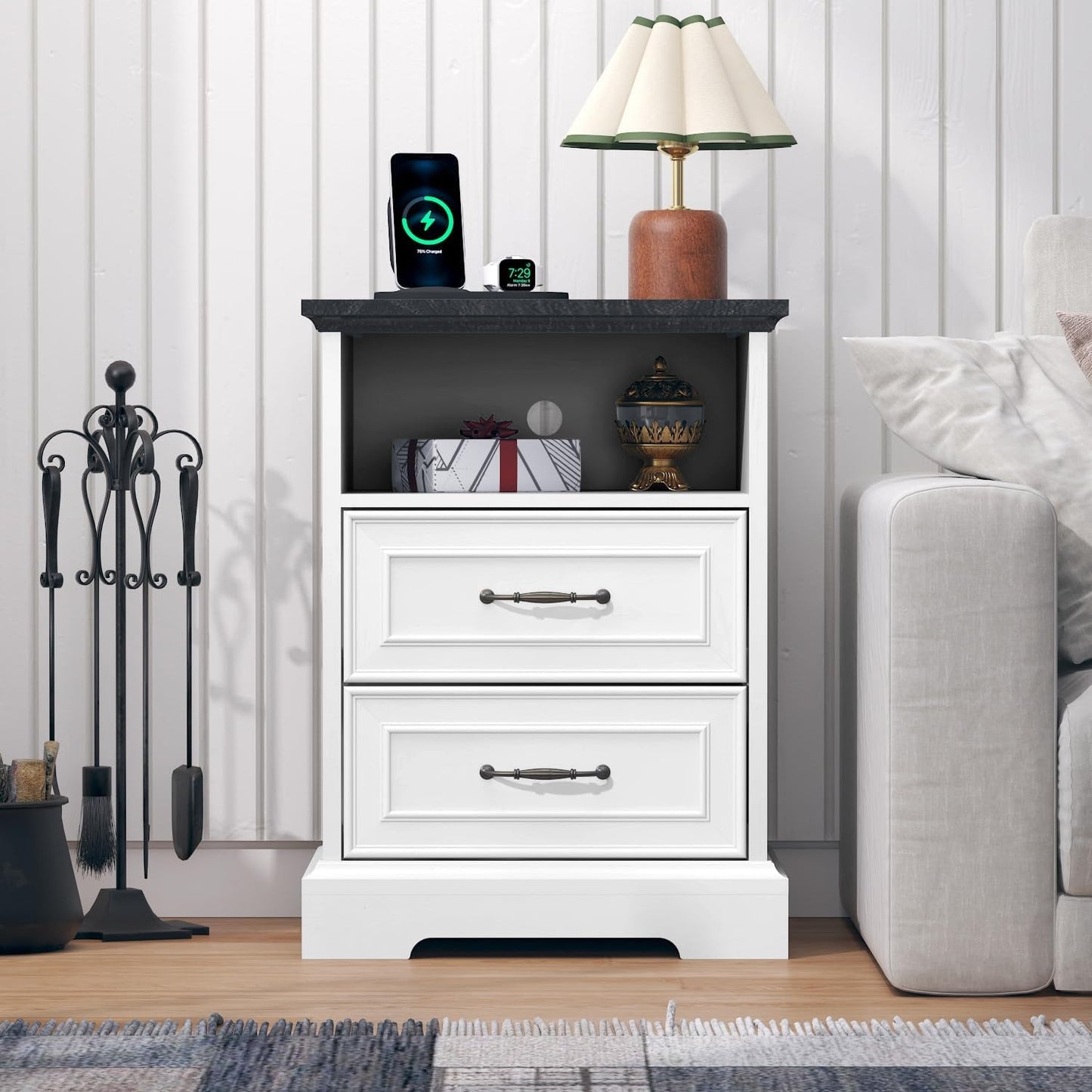 Farmhouse Nightstand with Charging Station 2 Drawers Off White Bedside Table