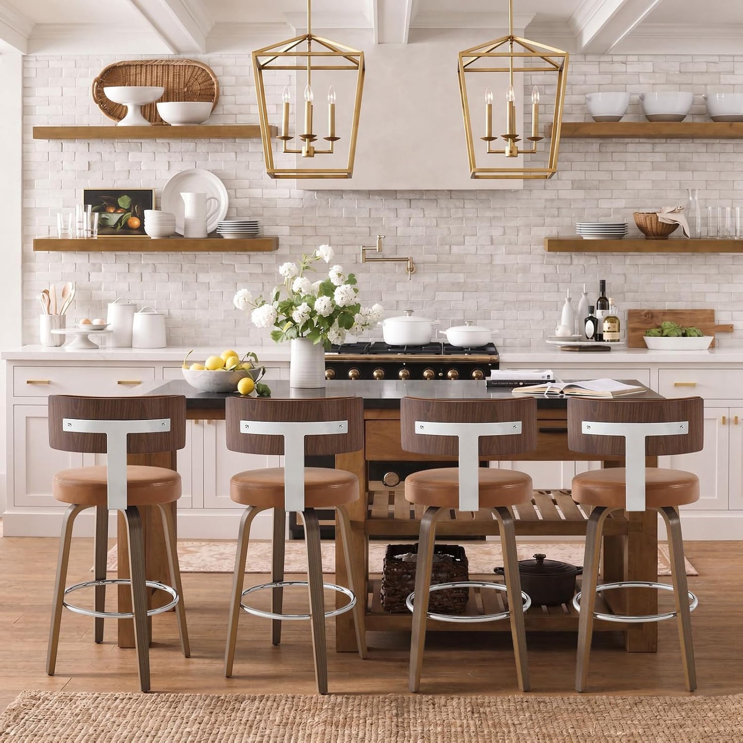 White Swivel Counter Stools Set of 2 Walnut Kitchen Island Chairs