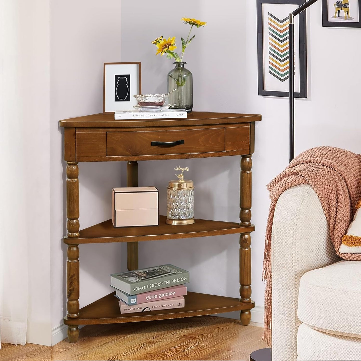 Wood Triangle Corner Table with Drawer and 2 Storage Shelves Navy Blue