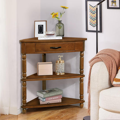Wood Triangle Corner Table with Drawer and 2 Storage Shelves Navy Blue