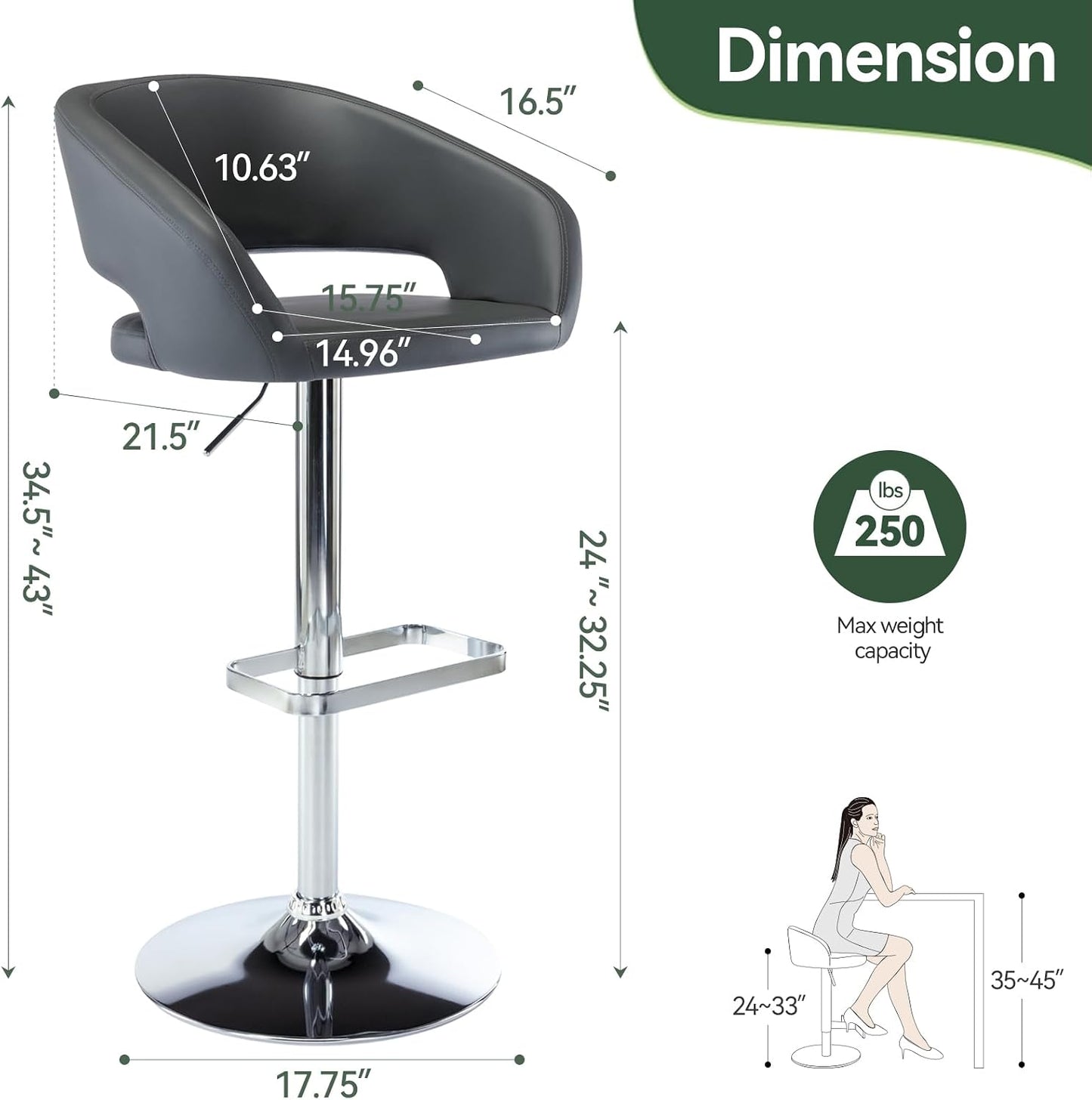 Black Adjustable Swivel Bar Stool Modern Faux Leather Counter Height Chair