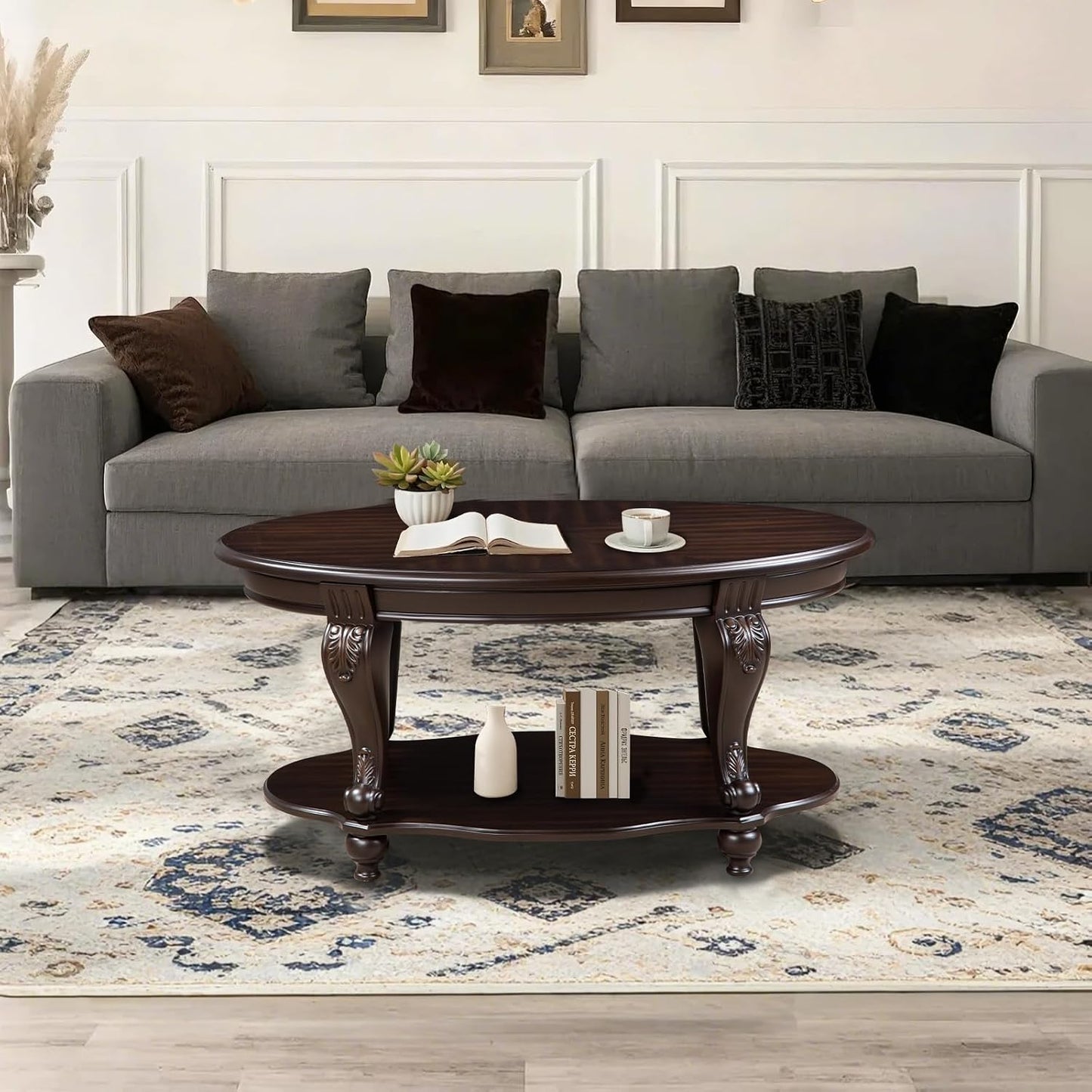 Oval Coffee Table with Storage Victorian Carved Wood 2 Tier Living Room Table