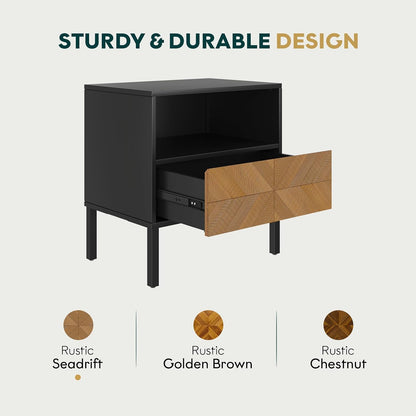 Solid Acacia Wood Herringbone Nightstand with Drawer & Open Shelf