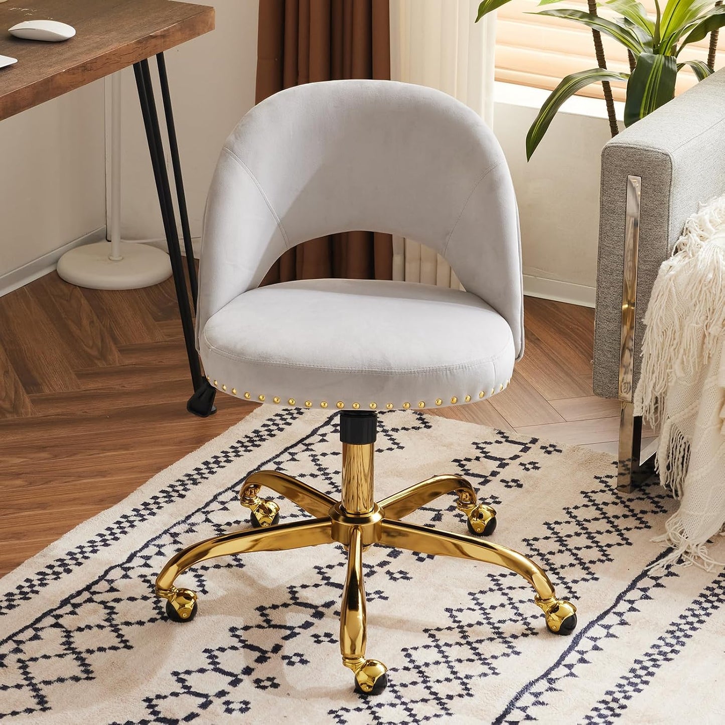 Navy Blue Velvet Office Chair Gold Swivel Rolling Vanity Desk Chair