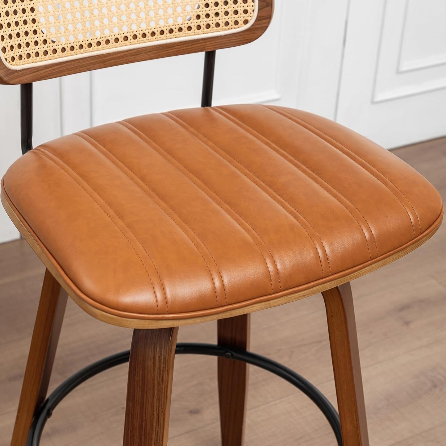 Walnut Rattan Swivel Bar Stool Cane Back Beige Faux Leather 30 Inch