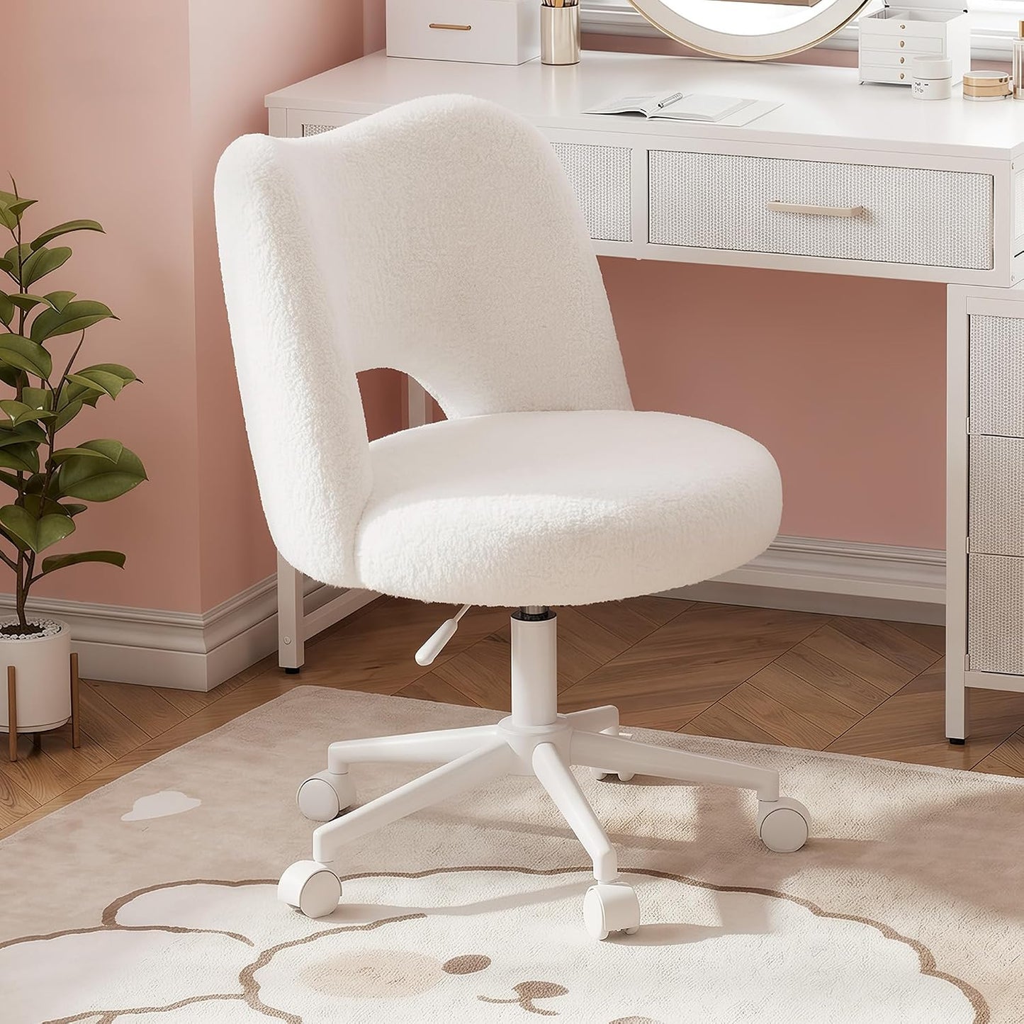 White Teddy Vanity Chair Armless Adjustable Swivel Desk Chair with Wheels