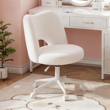 White Teddy Vanity Chair Armless Adjustable Swivel Desk Chair with Wheels
