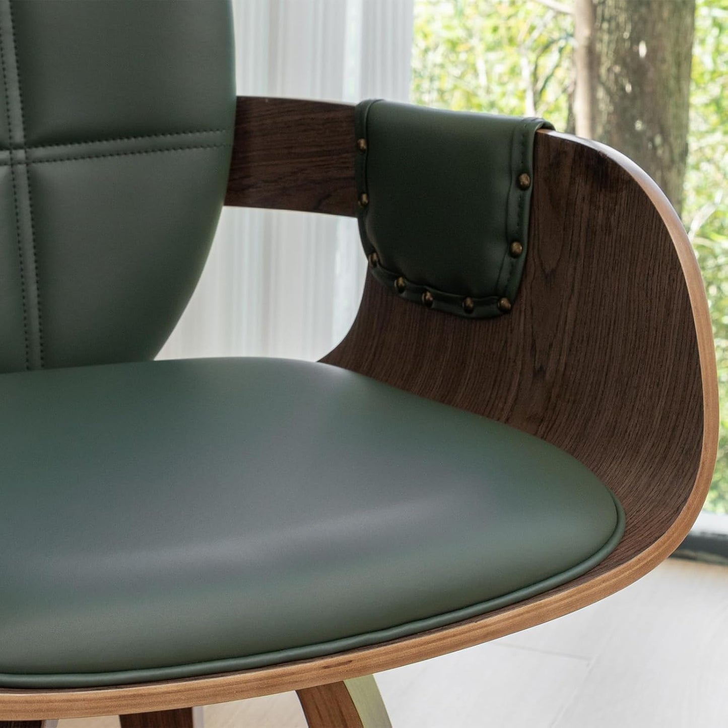 Walnut Brown Swivel Dining Chair with Arms Faux Leather Mid Century Chair