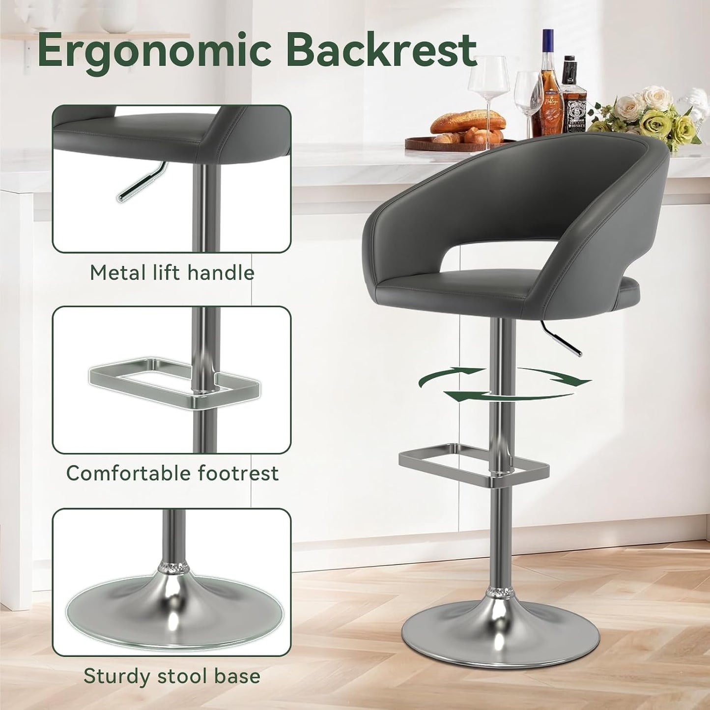 Black Adjustable Swivel Bar Stool Modern Faux Leather Counter Height Chair