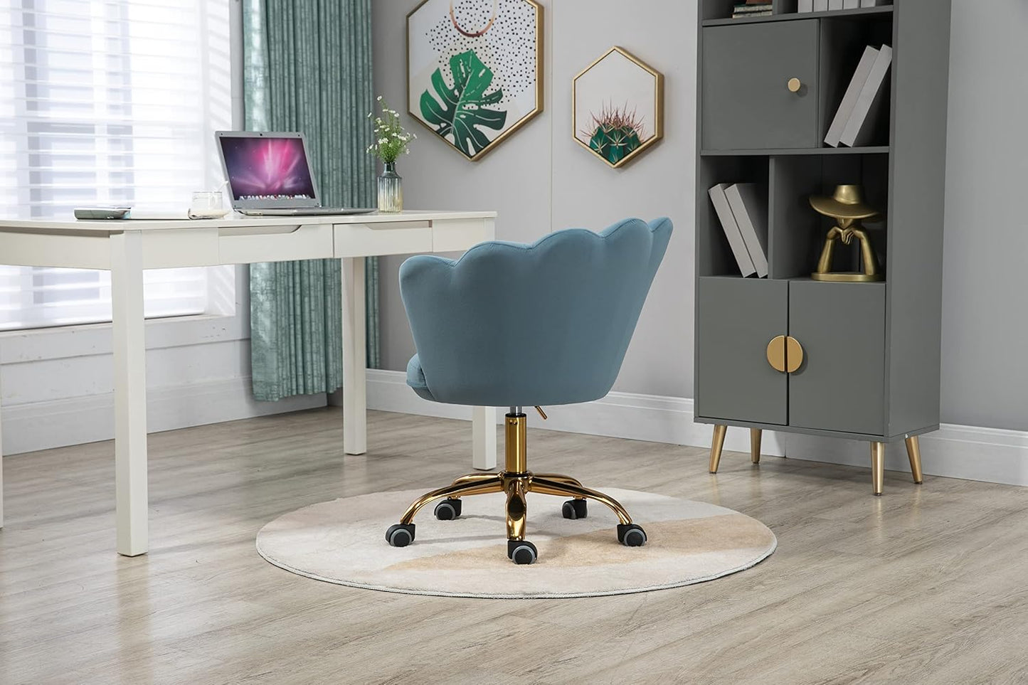 Blue Velvet Office Chair Adjustable Swivel Vanity Chair with Gold Base