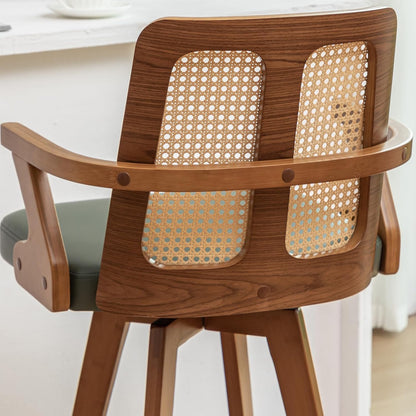 Walnut Rattan Swivel Bar Stools with Arms Beige Upholstered Seat Set of 2