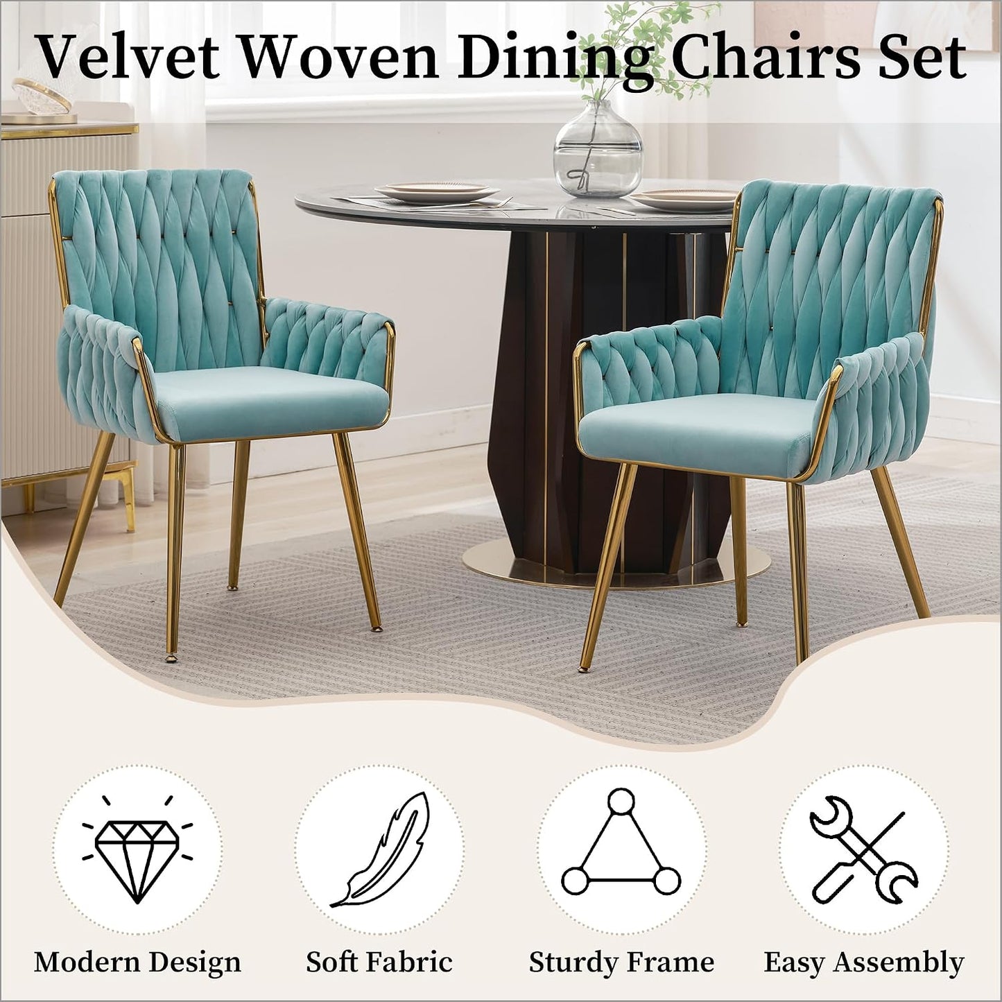 Beige Velvet Accent Chair Hand Woven Upholstered Armchair with Gold Metal Legs