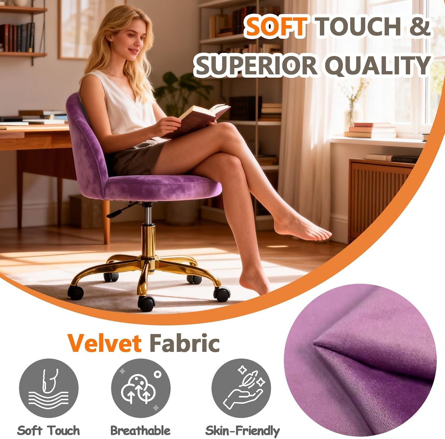 Black Velvet Vanity Chair Gold Base Adjustable Swivel Rolling Desk Chair