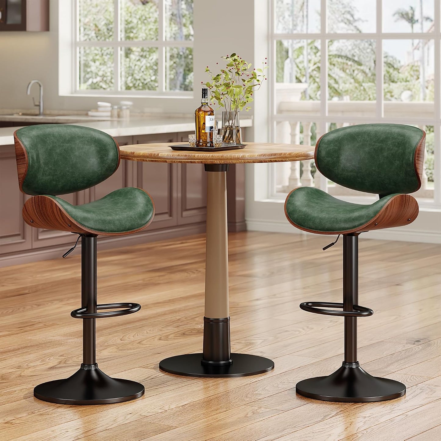 Adjustable Swivel Bar Stool Black PU Leather Walnut Bentwood Counter Chair