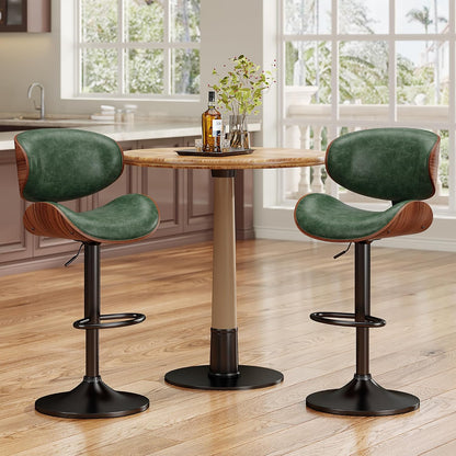 Adjustable Swivel Bar Stool Black PU Leather Walnut Bentwood Counter Chair