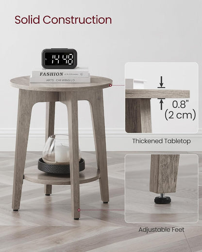 Round Wood Side Table with Lower Shelf Mid Century End Table