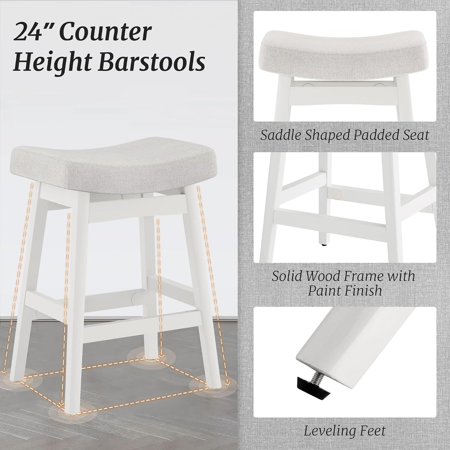24 Inch Counter Height Bar Stools Set of 2 Antique White Saddle Seats