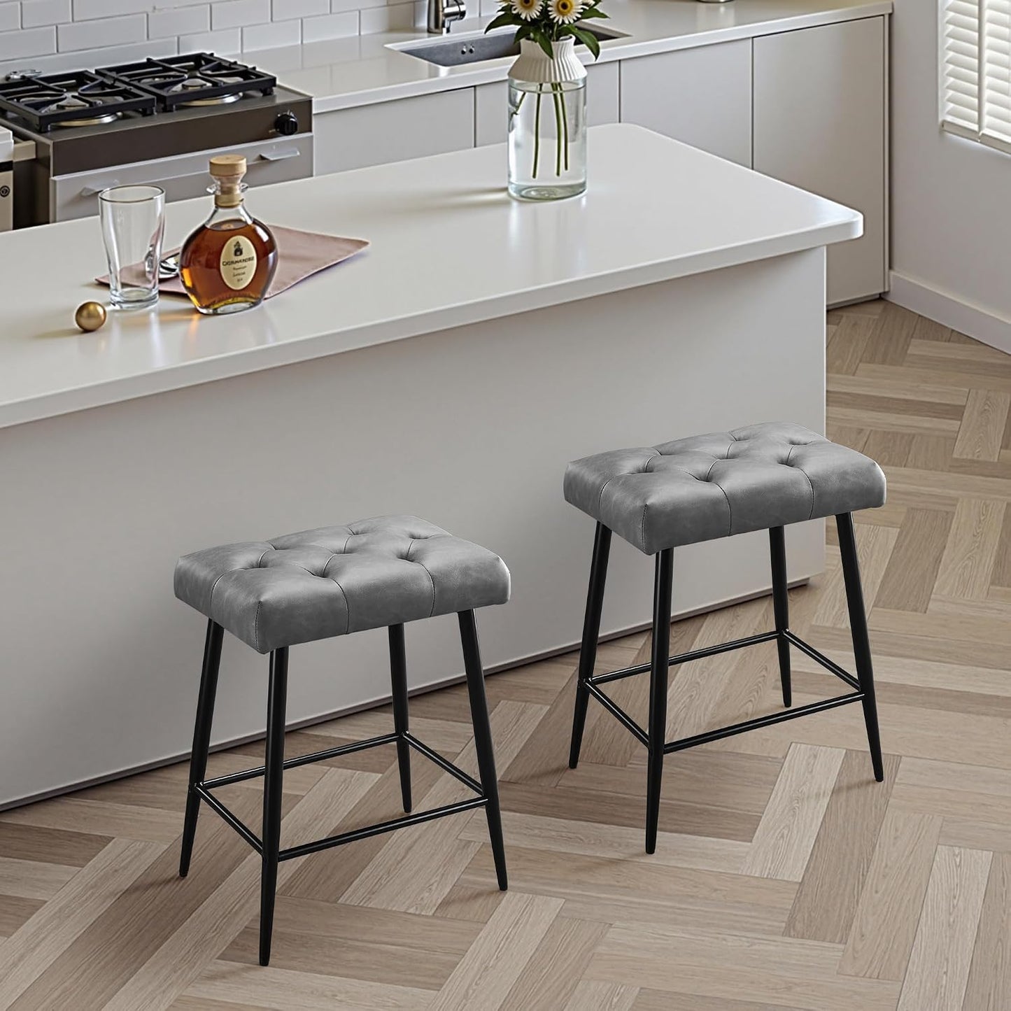 Green Counter Height Bar Stools Set of 2 Upholstered Saddle Seats