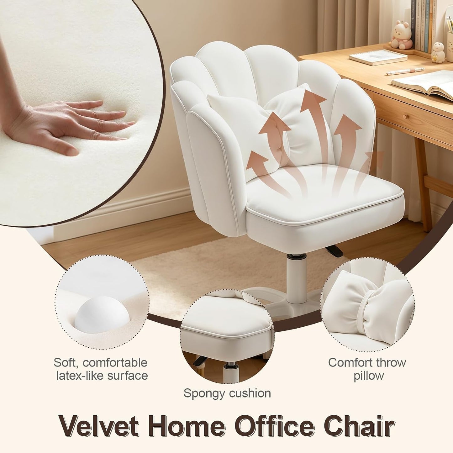 Purple Velvet Petal Vanity Chair Swivel Rolling Desk Chair with Bow Cushion