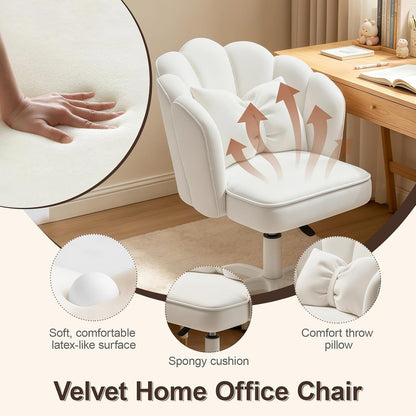 Purple Velvet Petal Vanity Chair Swivel Rolling Desk Chair with Bow Cushion