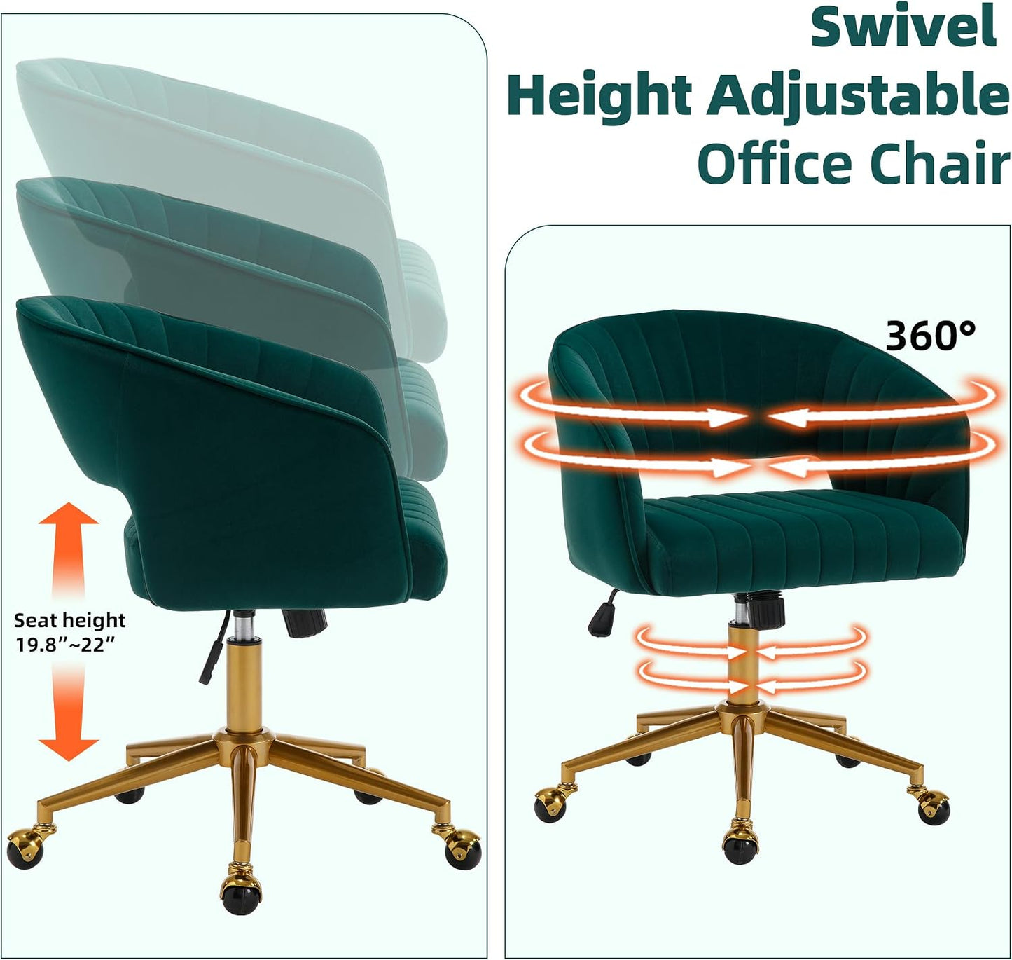 Red Velvet Swivel Desk Chair Adjustable Vanity Chair with Gold Base and Wheels