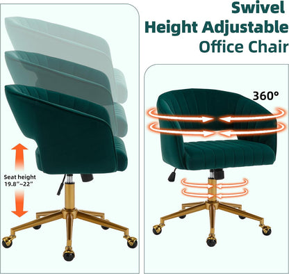 Red Velvet Swivel Desk Chair Adjustable Vanity Chair with Gold Base and Wheels