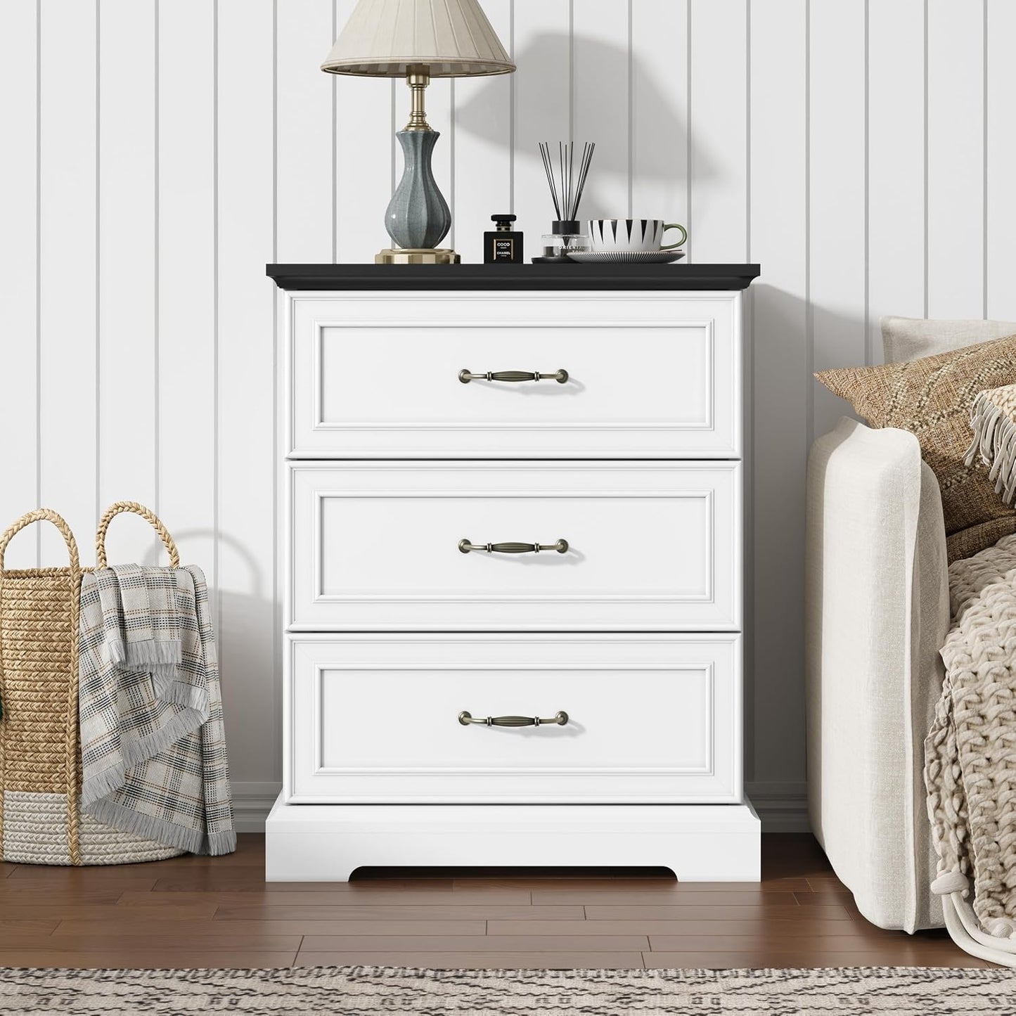 White Farmhouse Nightstand with 3 Drawers Wide Bedside Storage Table