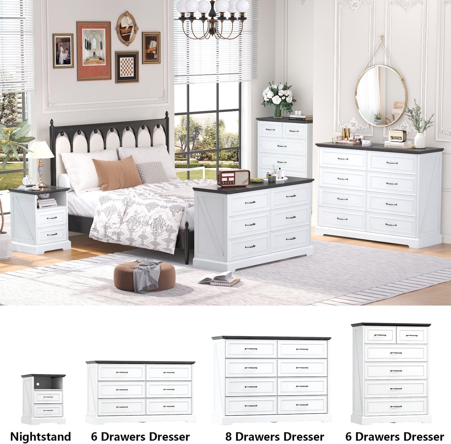 Farmhouse Nightstand with Charging Station 2 Drawers Off White Bedside Table