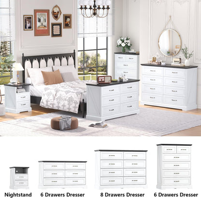 Farmhouse Nightstand with Charging Station 2 Drawers Off White Bedside Table