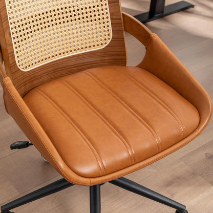 Walnut Rattan Office Chair Green Faux Leather Swivel Rolling Desk Chair
