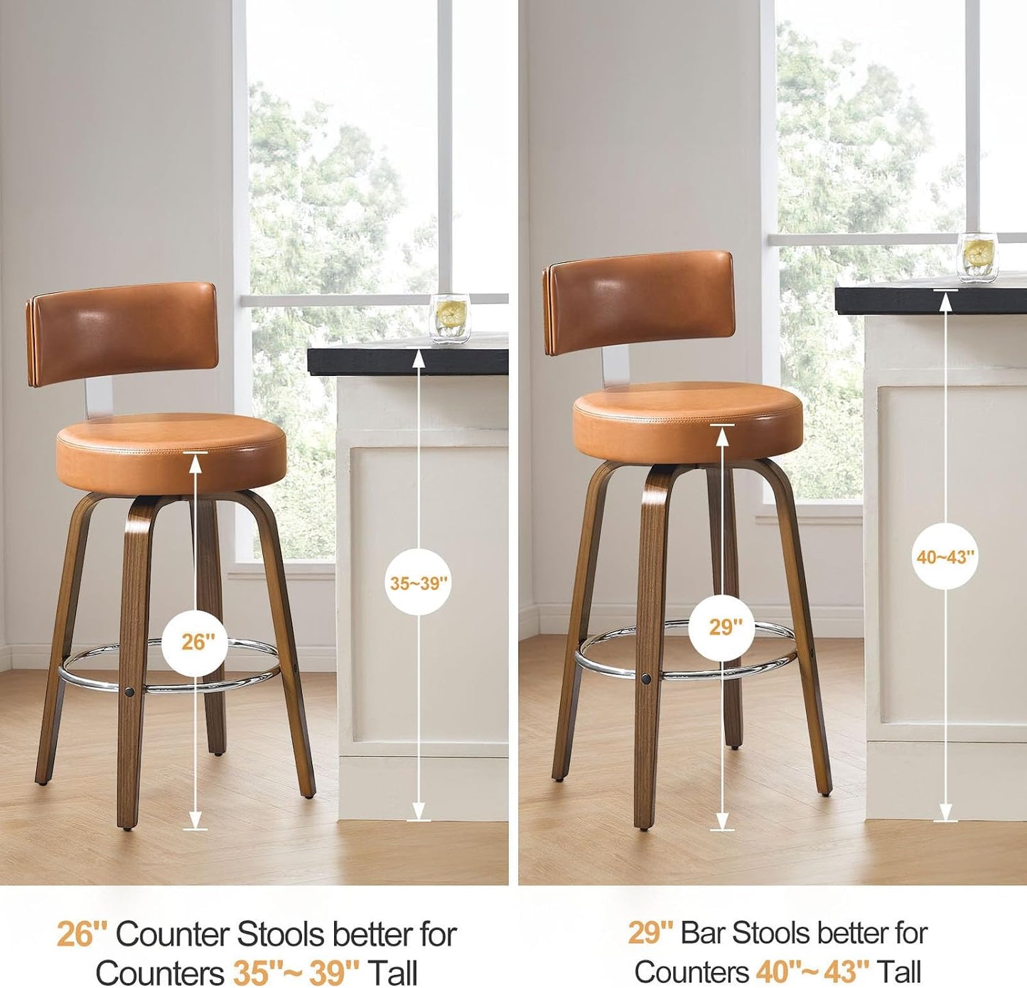 White Swivel Counter Stools Set of 2 Walnut Kitchen Island Chairs