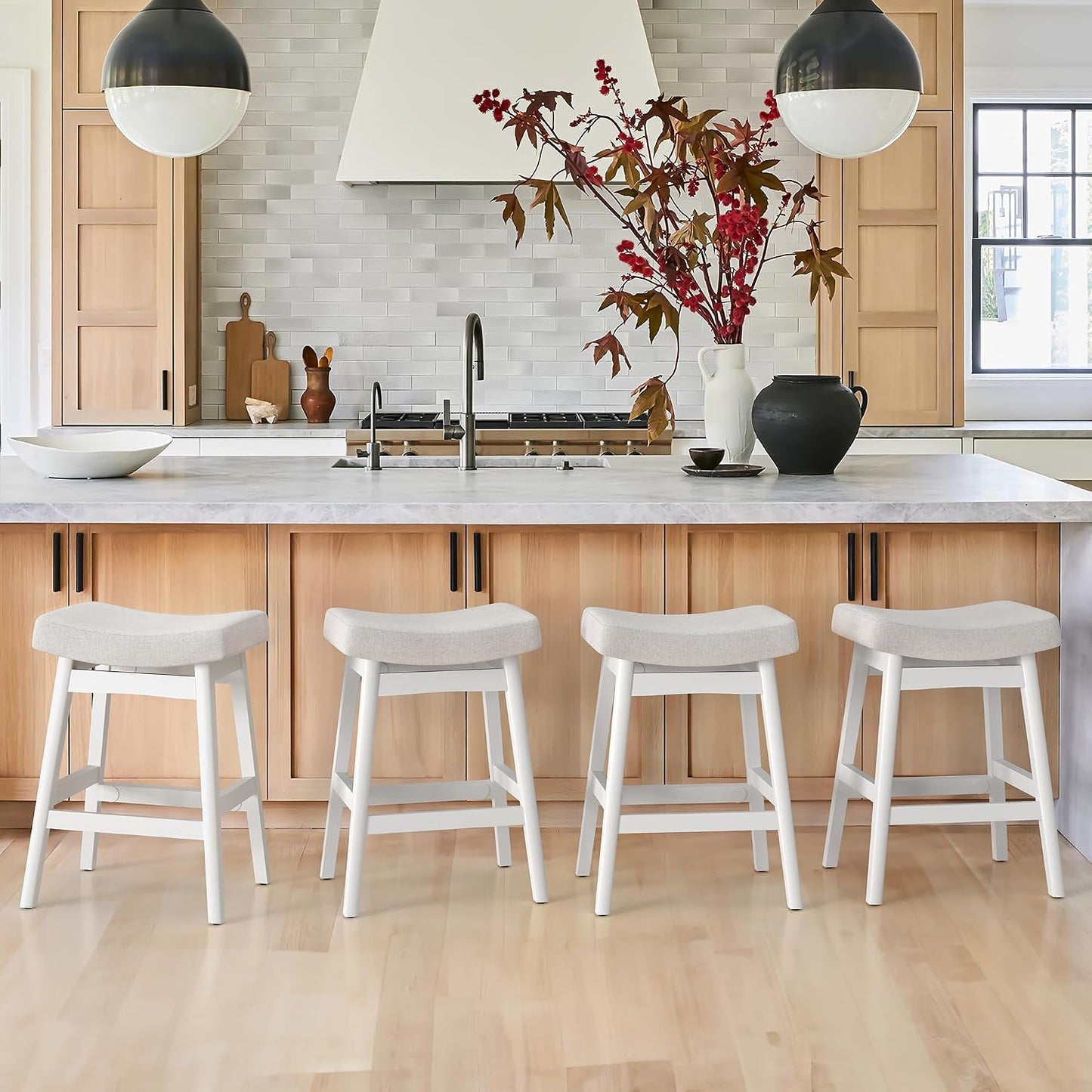 24 Inch Counter Height Bar Stools Set of 2 Antique White Saddle Seats
