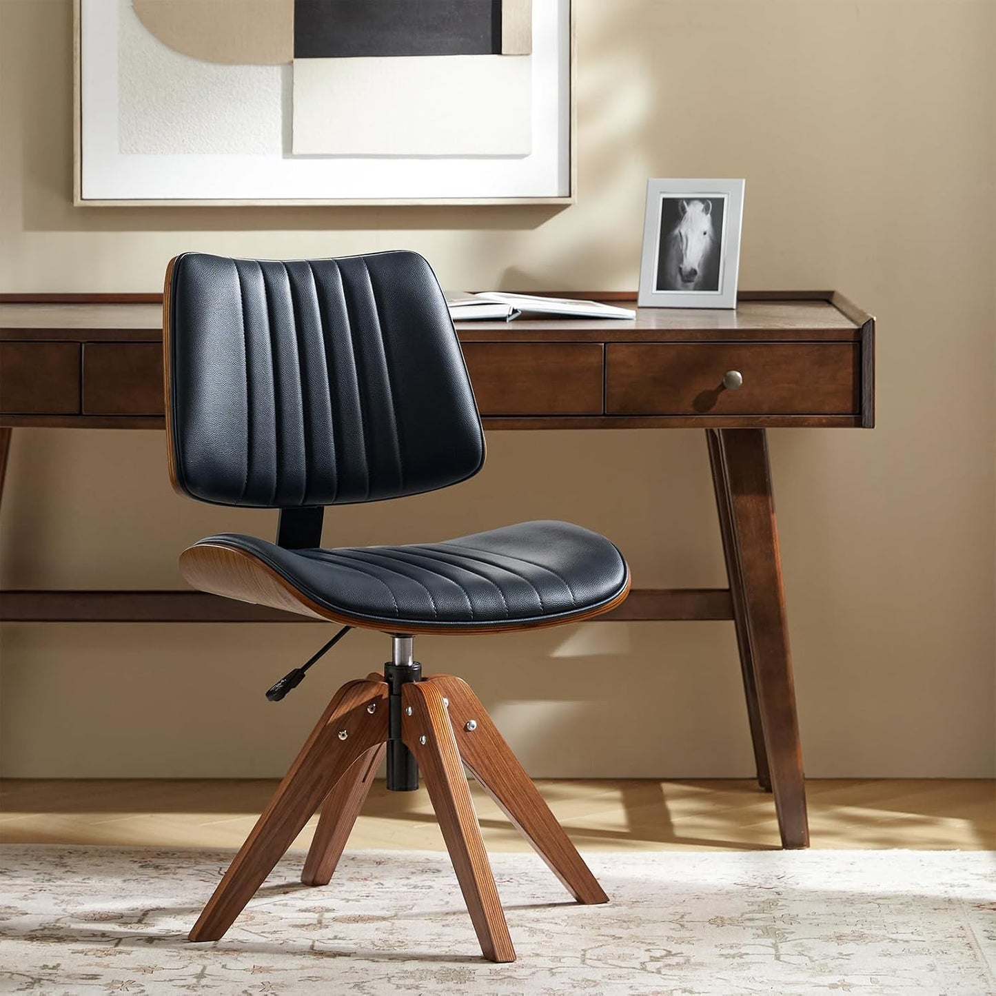 Sage Faux Leather Swivel Desk Chair Adjustable Height Wood Legs Mid Century