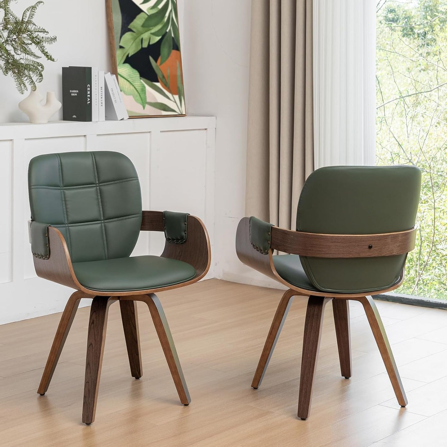 Walnut Brown Swivel Dining Chair with Arms Faux Leather Mid Century Chair