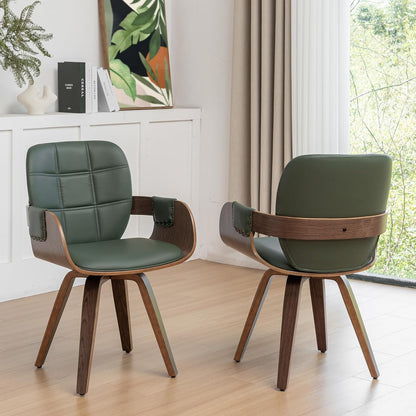 Walnut Brown Swivel Dining Chair with Arms Faux Leather Mid Century Chair