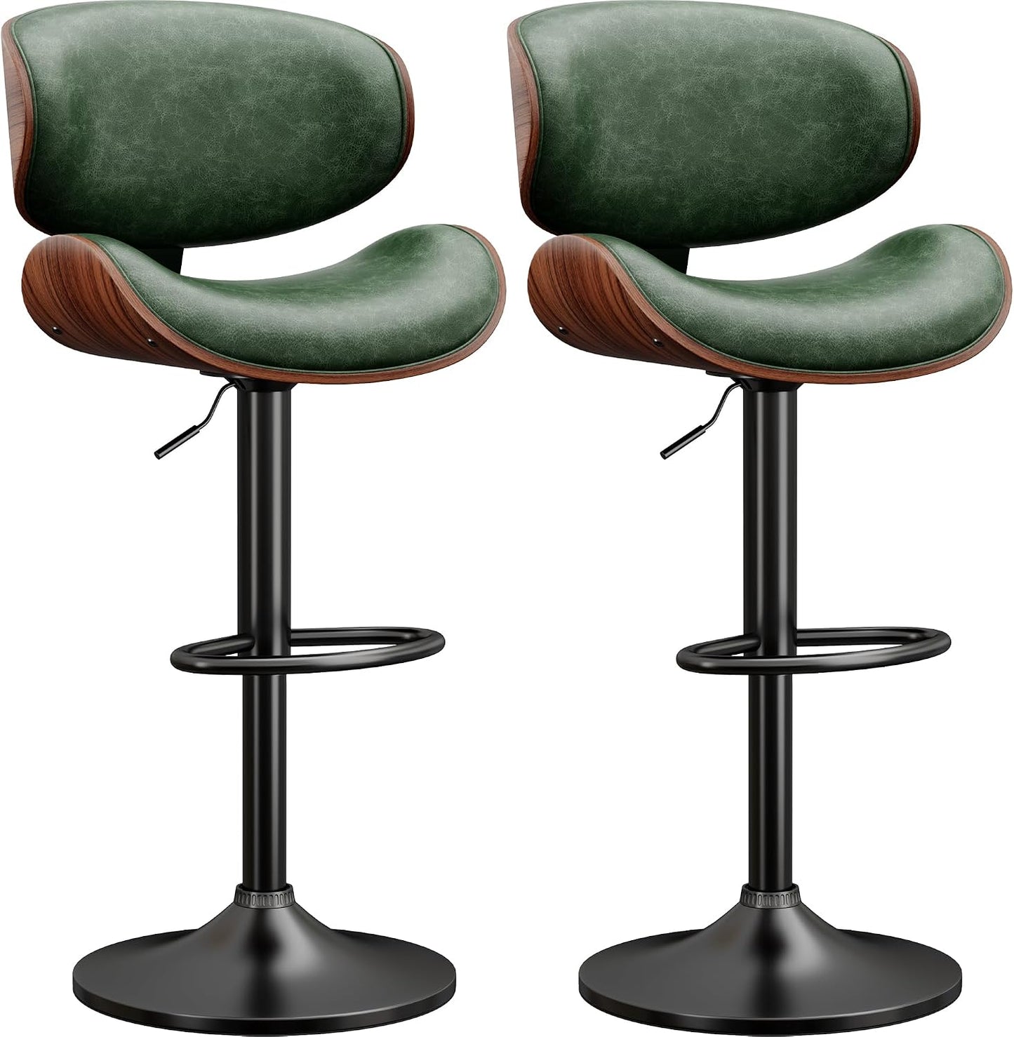Adjustable Swivel Bar Stool Black PU Leather Walnut Bentwood Counter Chair