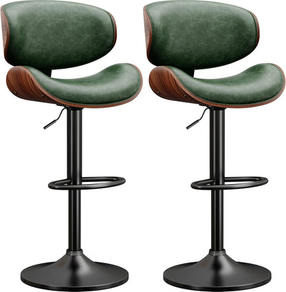 Adjustable Swivel Bar Stool Black PU Leather Walnut Bentwood Counter Chair