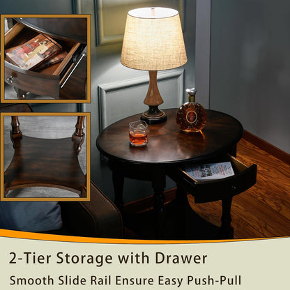 Solid Wood Oval End Table with Drawer and Lower Storage Shelf
