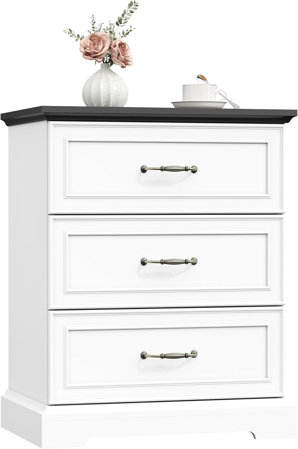 White Farmhouse Nightstand with 3 Drawers Wide Bedside Storage Table