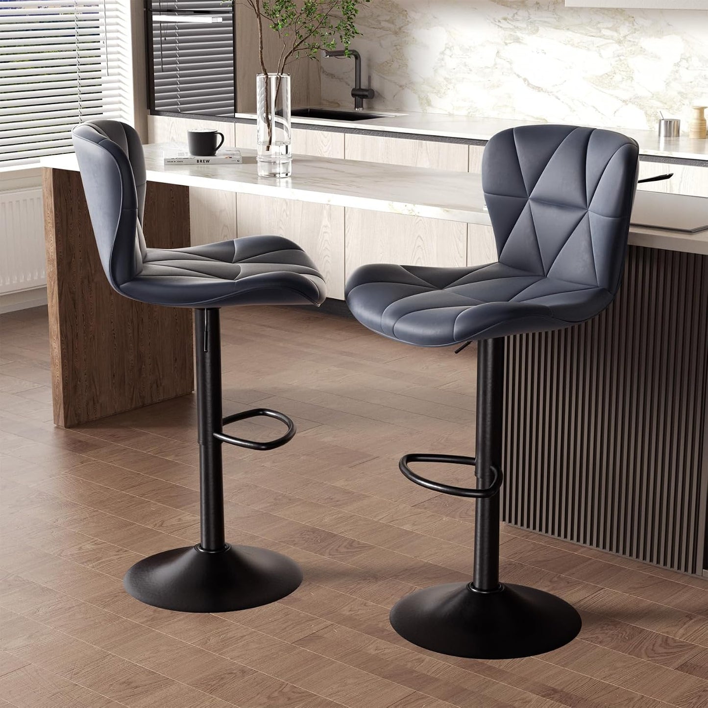 Black Swivel Bar Stools Set of 2 Adjustable Faux Leather Kitchen Chairs