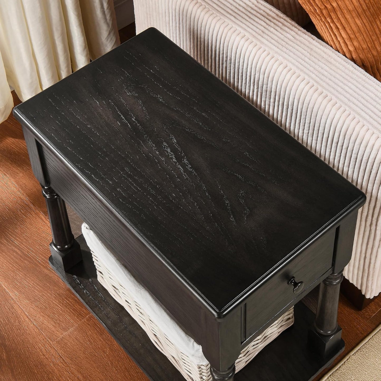 Solid Wood Narrow Nightstand with Drawer Cherry Brown Bedside End Table