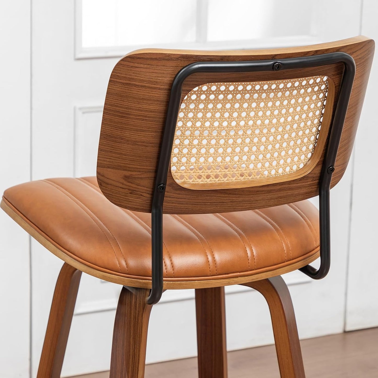 Walnut Rattan Swivel Bar Stool Cane Back Beige Faux Leather 30 Inch