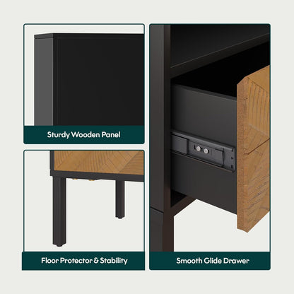 Solid Acacia Wood Herringbone Nightstand with Drawer & Open Shelf