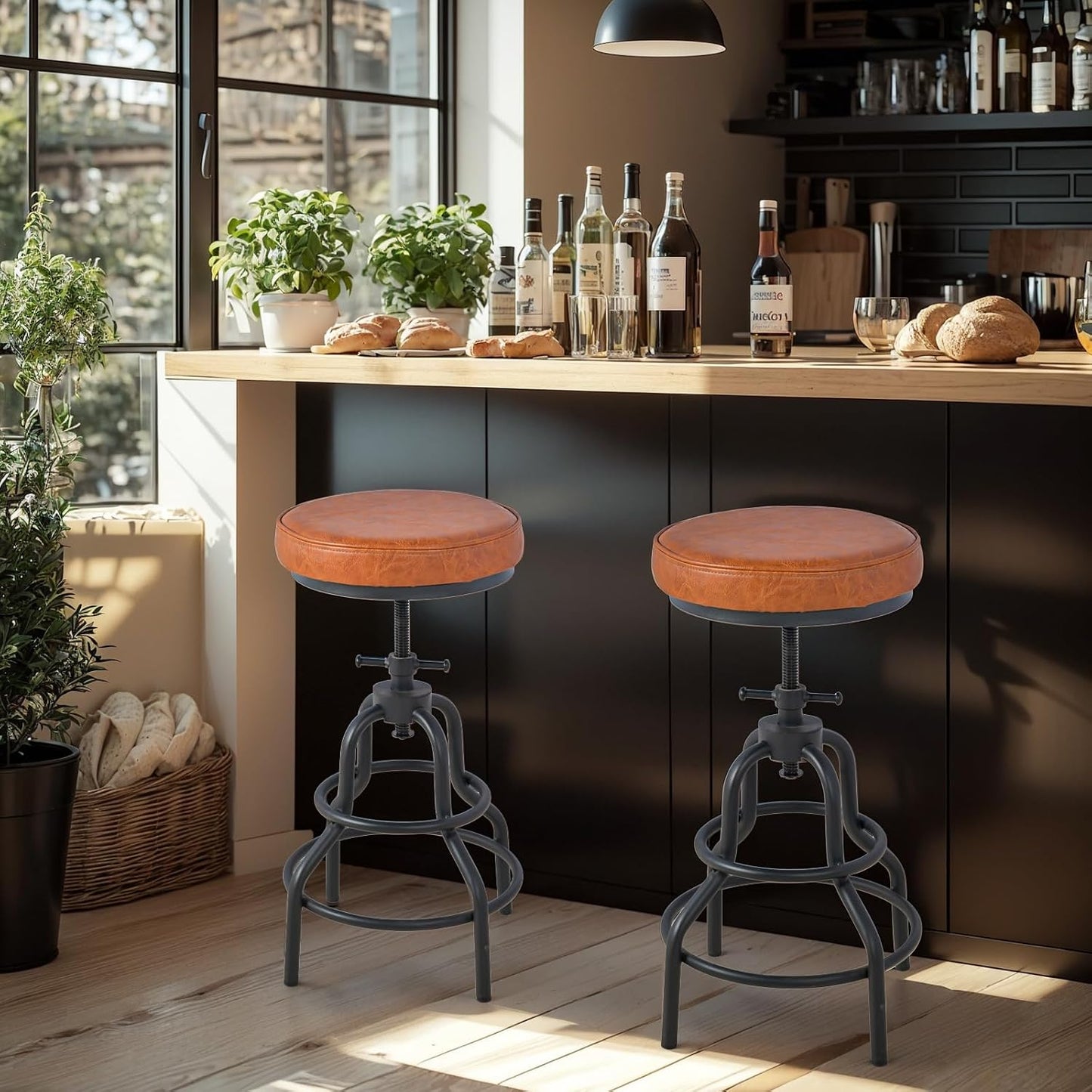 Industrial Swivel Bar Stools Set of 2 Adjustable Wood Counter Height Stools