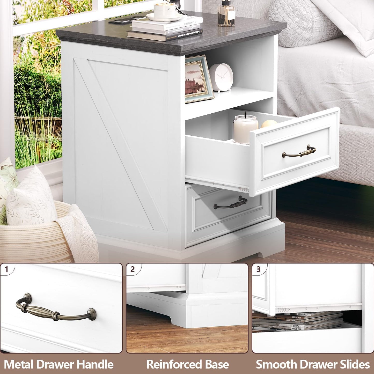 Farmhouse Nightstand with Charging Station 2 Drawers Off White Bedside Table
