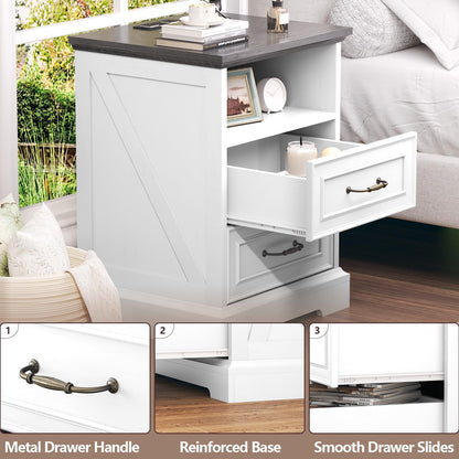Farmhouse Nightstand with Charging Station 2 Drawers Off White Bedside Table