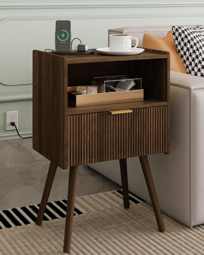 Modern Walnut Brown Fluted Nightstand with Drawer & Open Shelf